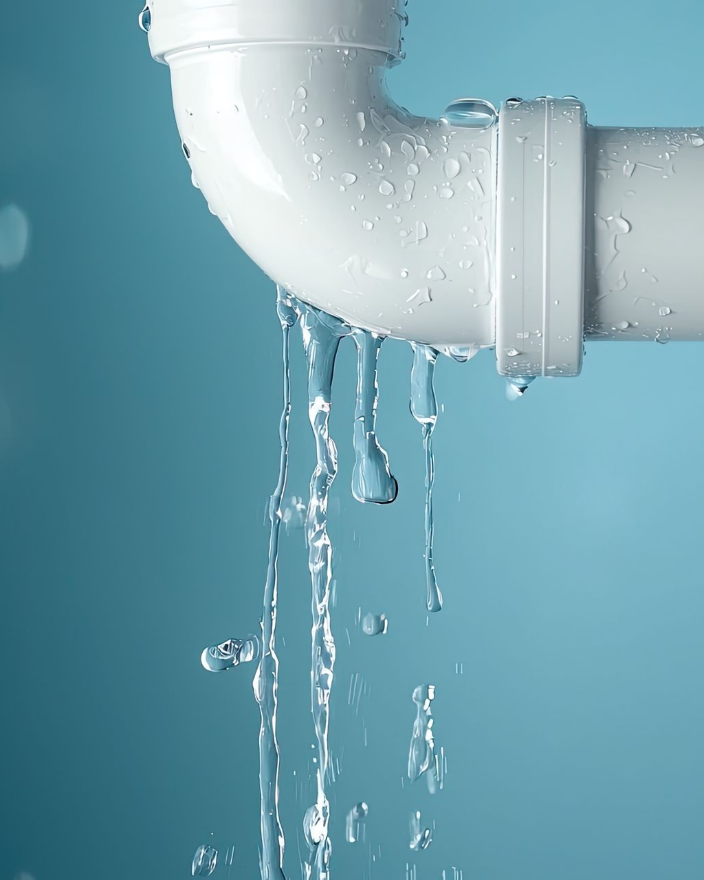 Tuyau en PVC blanc qui fuit, l'eau dégoulinant sur fond bleu.