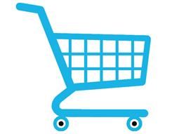 Ein blaues Einkaufswagensymbol auf weißem Hintergrund.