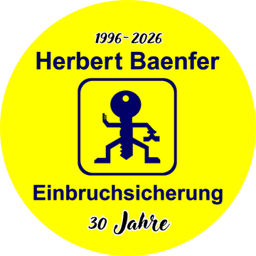 Gelbes Logo der „Herbert Baenfer Einbruchsicherung“ zum 30-jährigen Jubiläum (1996–2026) mit blauem Figurensymbol