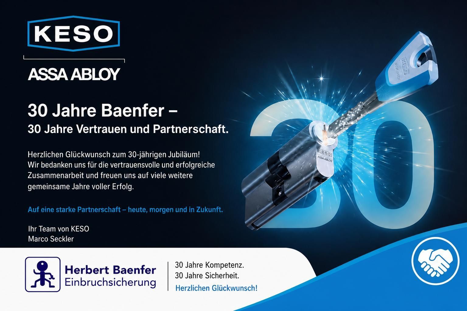 Banner zum 30-jährigen Jubiläum von KESO ASSA ABLOY mit Schloss, großer blauer „30“ und Handschlag-Symbolen