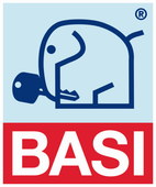 BASI-Logo mit blauem Elefantensymbol über rotem Schriftzug auf weißem Hintergrund