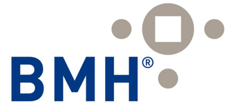 BMH-Logo in Blau mit grauem Kreissymbol und quadratischen Akzenten