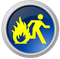Blaues Notausgangsschild mit gelber laufender Figur und Flammensymbol.
