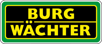 BURG WÄCHTER-Logo auf einem schwarz-gelben Schild mit grünem Rand