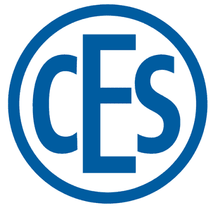 Blaues cES-Logo in einem blauen Kreis auf weißem Hintergrund