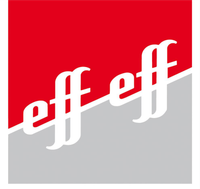 Rote und graue Grafik mit drei weißen „eff“-Logos entlang einer diagonalen Linie