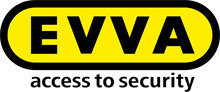 EVVA-Logo mit gelbem Oval und schwarzem Text, darunter der Slogan „Zugang zu Sicherheit“.