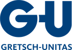 Blaues und weißes Gretsch-Unitas GU-Logo mit dem Text „GRETSCH-UNITAS“.