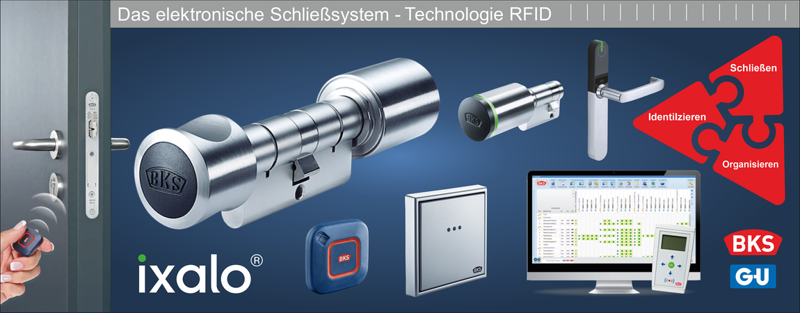 Anzeige für ein Industrieprodukt mit silbernem Schließzylinder, Schlüsseln, Tastatur, Broschüre und Monitor auf blauem Hintergrund