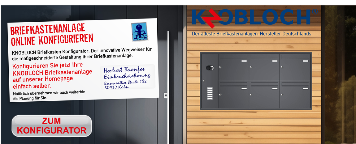 Deutsches Website-Banner mit rotem Text und einem „Zum Konfigurator“-Button neben einem KOBLOCH Garagentor-Display