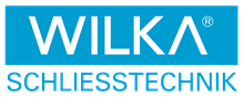 WILKA Schließtechnik-Logo in Weiß und Hellblau auf blauem rechteckigem Hintergrund