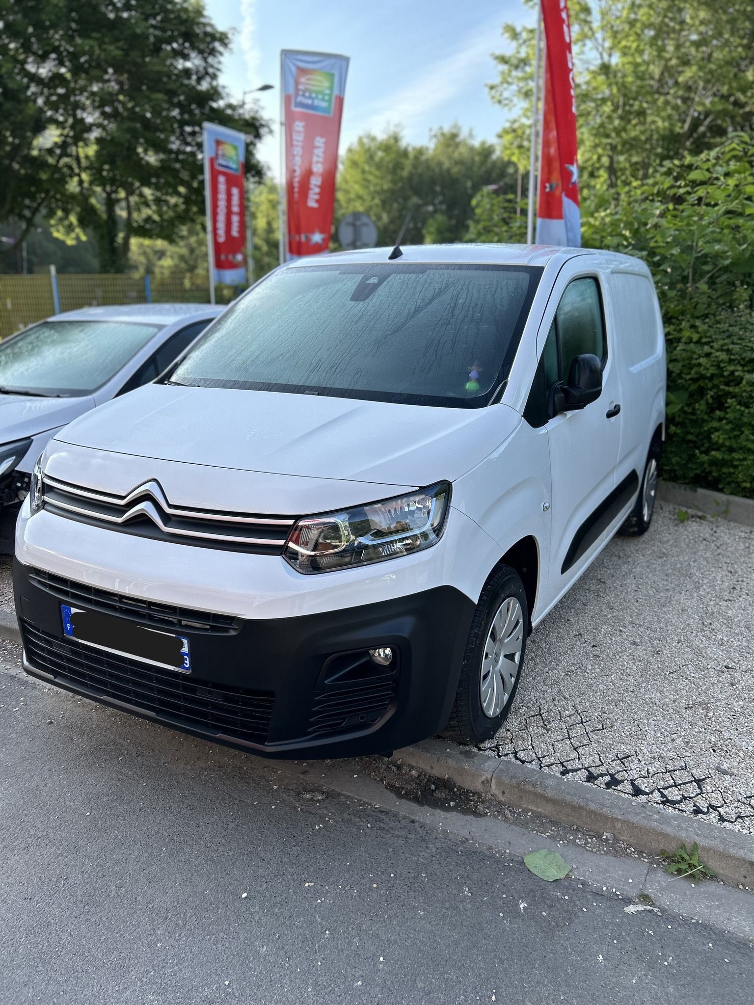 Fourgonnette blanche garée chez un concessionnaire, avec des drapeaux et un ciel bleu en arrière-plan.