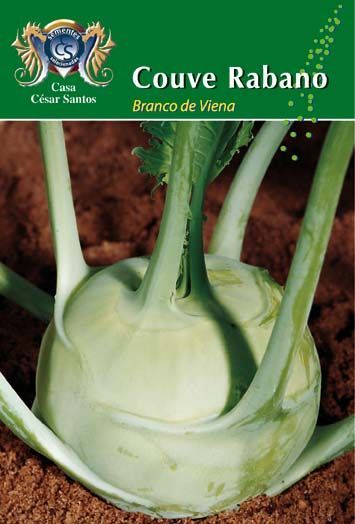 Seed packet labeled “Couve Rabano” showing a pale green kohlrabi growing in soil
