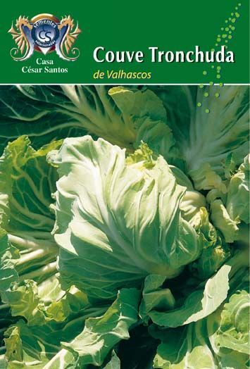 Package label showing a white-headed cabbage plant with green leaves, labeled “Couve Tronchuda de Valpaços.”