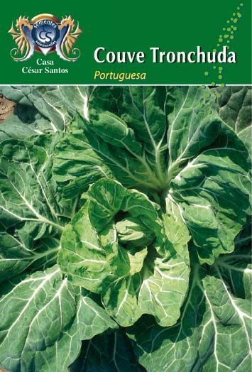 Seed packet labeled “Couve Tronchuda Portuguesa” with a photo of green leafy cabbage.