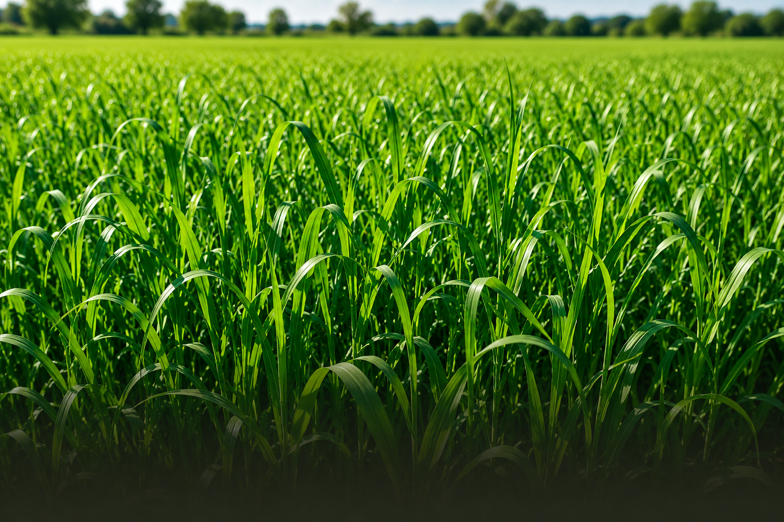 Lush green crop field with tall grass or young corn plants under bright sunlight