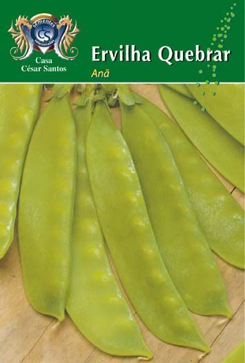 Green pea pods on a plant with the text “Ervilha Quebrar” at the top.