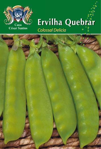 Green pea pods on a seed packet labeled “Ervilha Quebrar Colosal Delícia.”