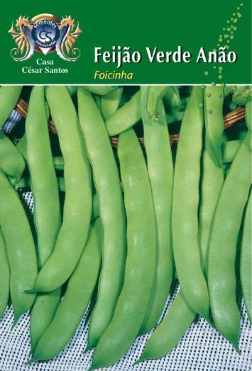 Green bean seed packet labeled “Feijão Verde Anão,” showing green beans on a green background