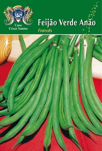 Green bean seed packet labeled “Feijão Verde Anão Francês” with long green beans on a red and white background
