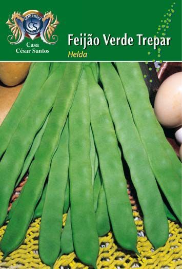 Green bean seed packet labeled “Feijão Verde Trepar Hilda,” showing green pods and seeds.