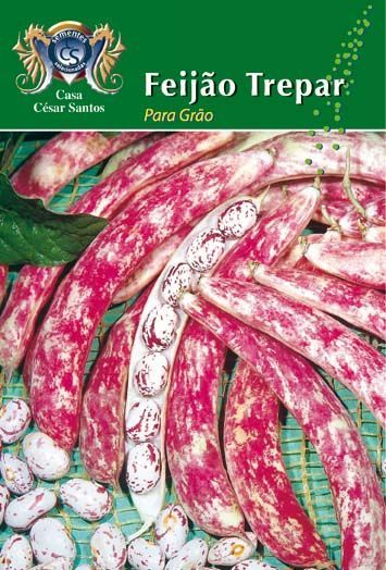 Bag of speckled red-and-white beans labeled “Feijão Trepar” on a green package