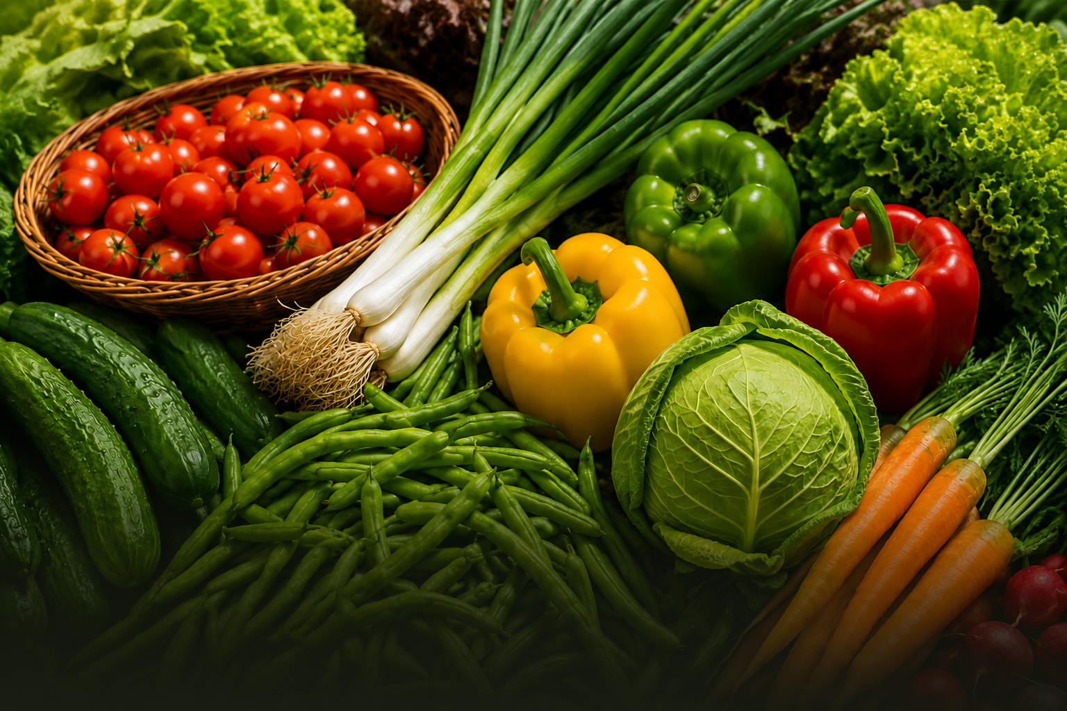 Assorted fresh vegetables in baskets, including green beans, tomatoes, onions, and peppers.