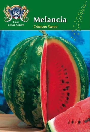 Melancia Crimson Sweet seed packet with a whole watermelon and sliced red watermelon showing black seeds