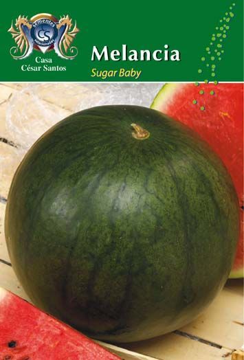 Green melon labeled “Melancia Sugar Baby” on a produce package with watermelon slices in the background