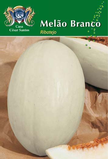 White melon labeled “Melão Branco” on a green seed packet background
