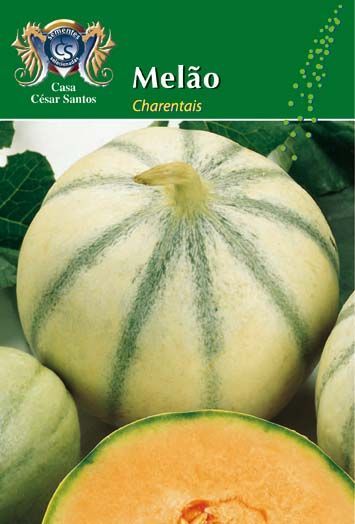 Melão Charentais packaging with green-striped melons and a cut melon showing orange flesh