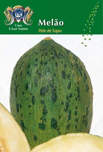 Green “Melão Pele de Sapo” melon with logo on a green package label.