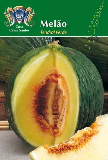 Green Tendral Verde melon cut open, showing pale flesh and seeds on a green market label.