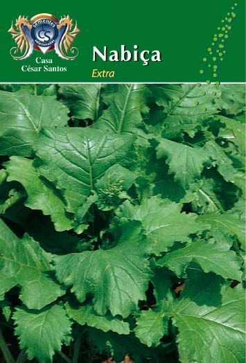Green herb leaves with a label reading “Nabiça” and “Extra” on a seed packet