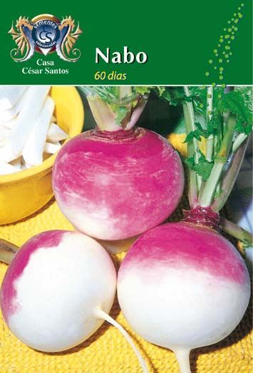 Seed packet showing purple-and-white turnips labeled “Nabo” on a green background