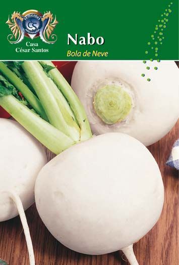 Green package label with white turnips and scallions, reading “Nabo” and “Bolí de nieve.”