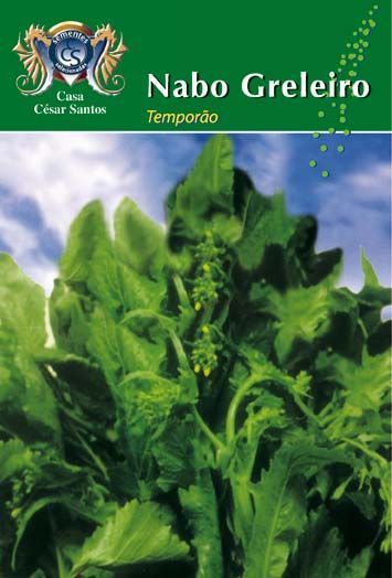Cesta Cear Nutries Nabo Greleiro Temprano seed packet with green leafy turnip greens against blue sky