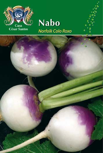 Package of Nabo Norfolk Colar Road turnips, white with purple tops and green stems on a green background