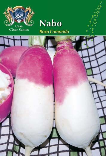 Two pink-and-white radish roots on a seed packet labeled “Nabo” with a green background