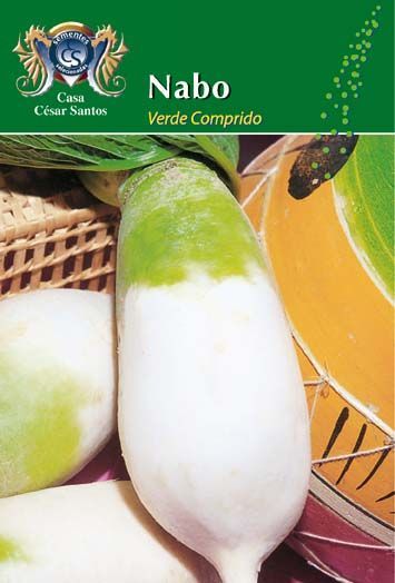 Green and white turnip labeled “Nabo Verde Comprido” on a seed packet