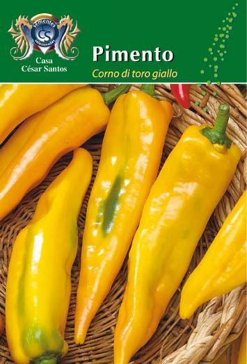 Yellow pimento peppers in a wicker basket, with “Pimento” and “Comó di toro giallo” text at top