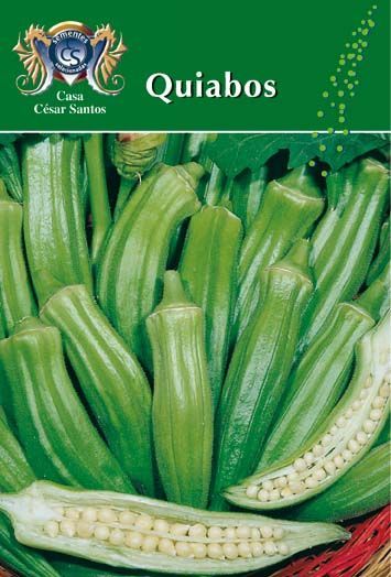 Green okra pods with sliced pods at the bottom, labeled “Quiabos” on a seed packet