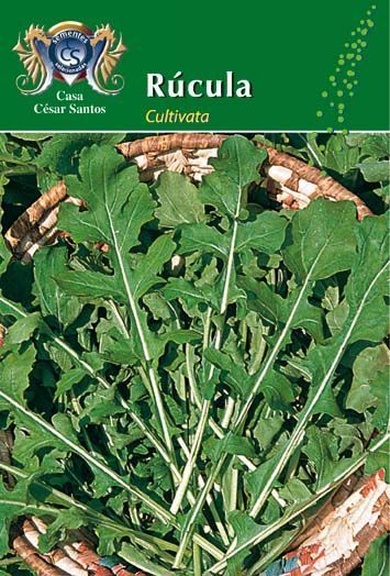 Rucula plant seedlings in a green nursery tray with product label at the top.