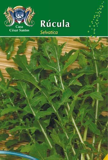Seed packet labeled “Rúcula Selvática” with a photo of green arugula leaves