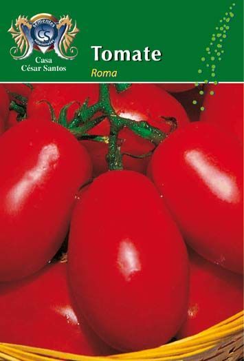 Red Roma tomatoes on a green seed packet labeled “Tomate”