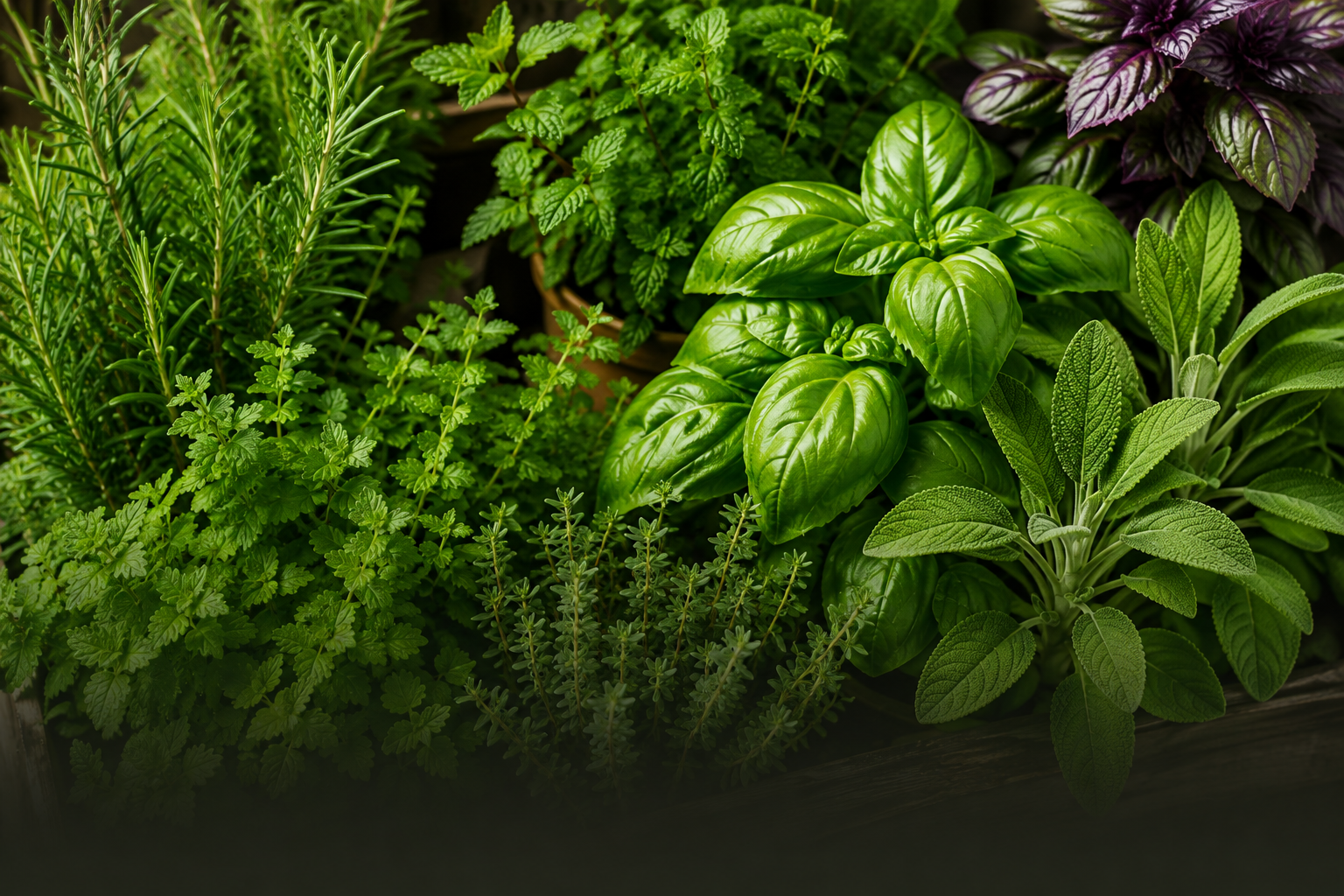 Potted basil and other herbs growing in a small garden bed.