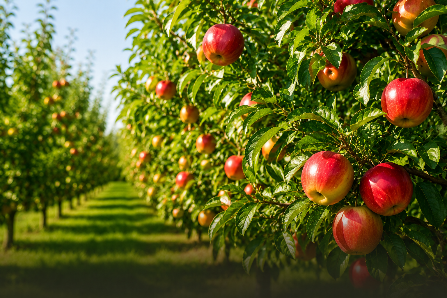 Red apples hanging on a tree among dense green leaves.