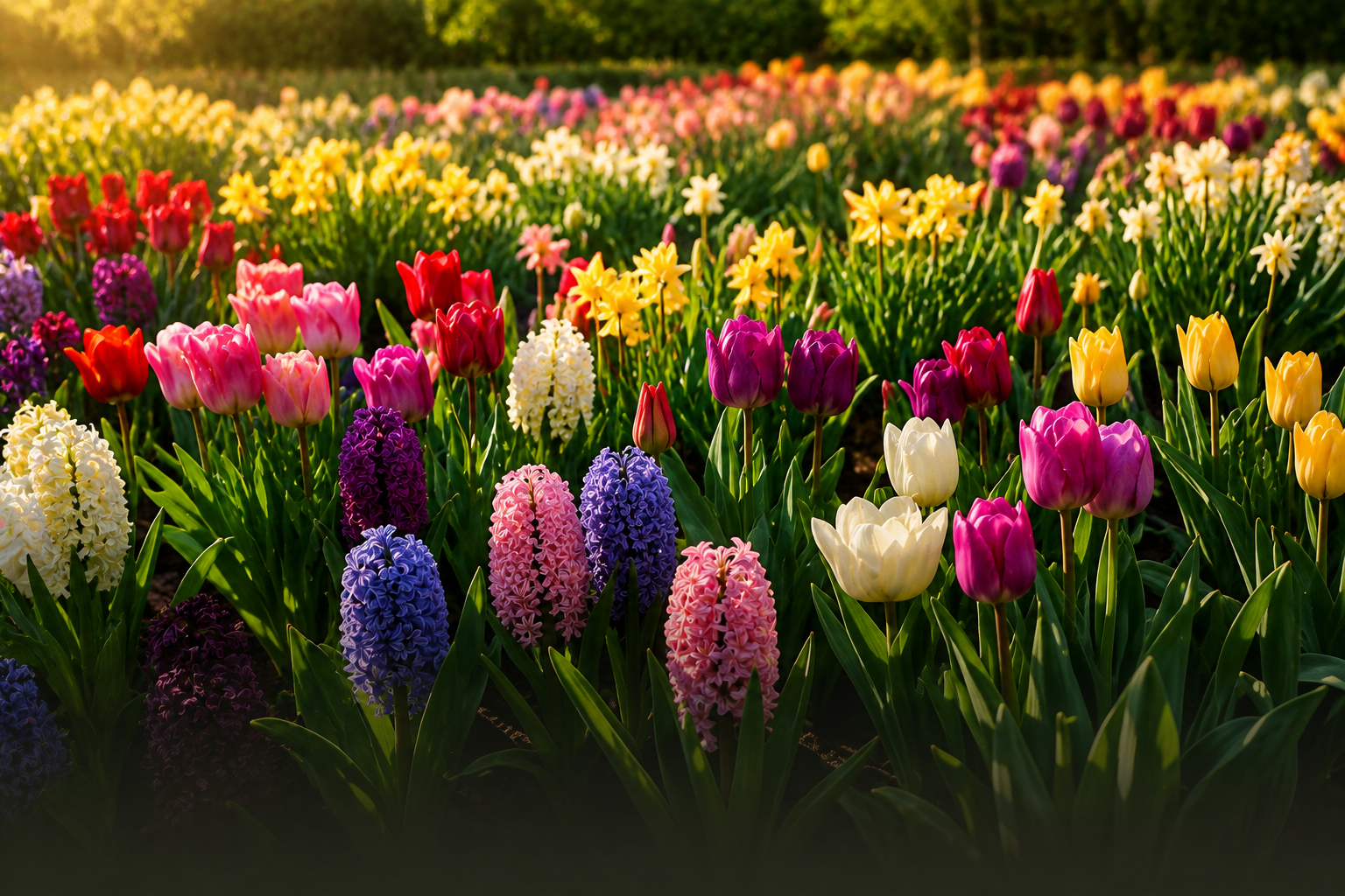 Colorful tulips blooming densely in a garden, with pink, red, yellow, and white flowers.