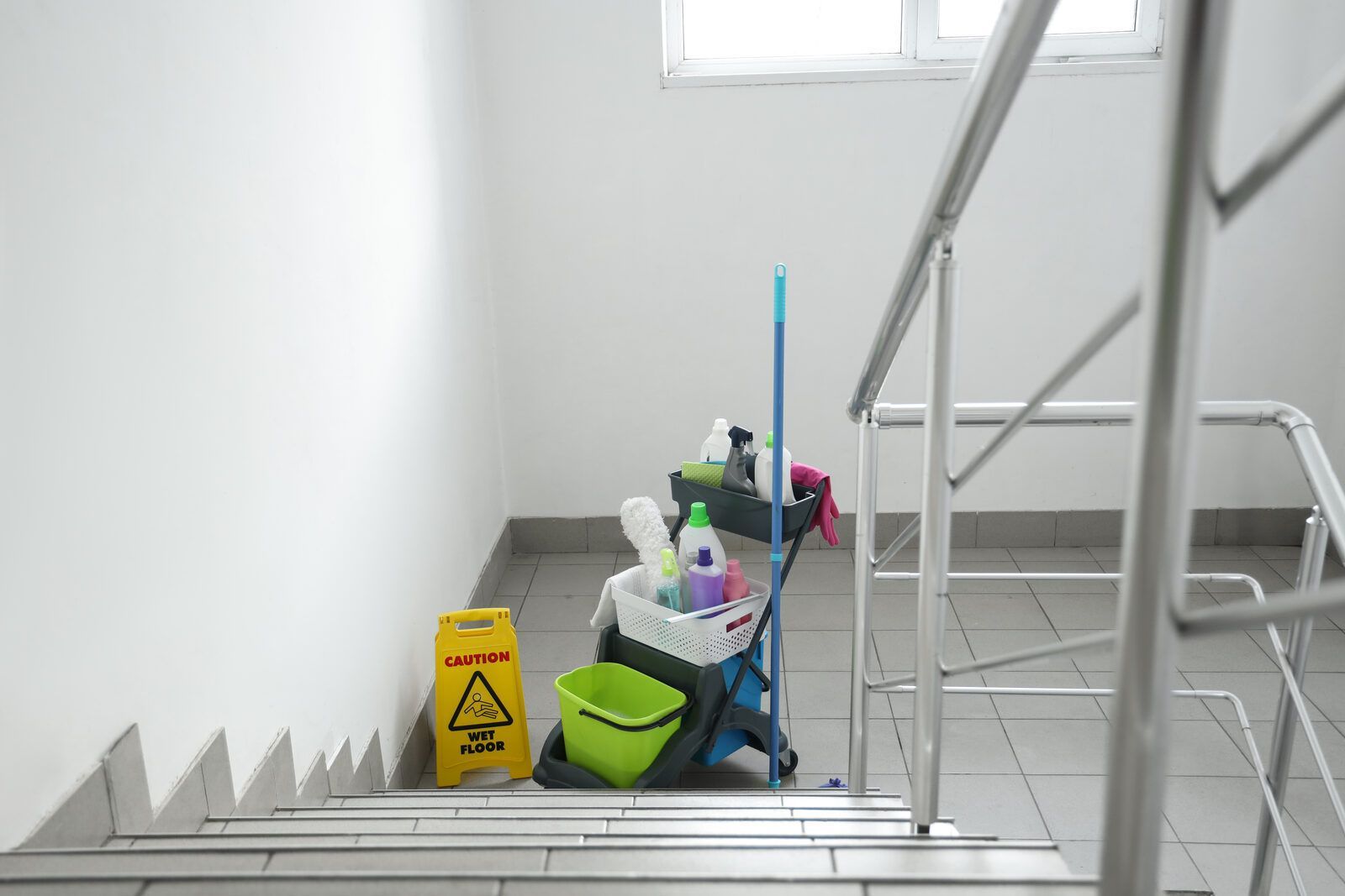 Auf der Treppe steht neben einem Warnschild ein Reinigungswagen.