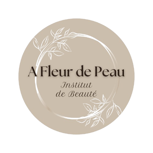 Logo for A Fleur de Peau Institut de Beauté: beige circle with white floral line art and dark brown serif text.
